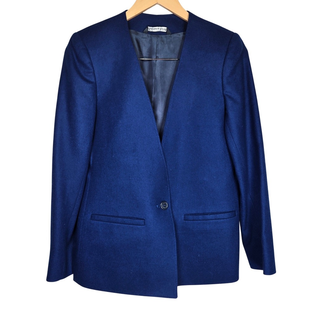 Hyde Point Petite Womens Blue 100% Wool Collarless Single Button Blazer Size 6P